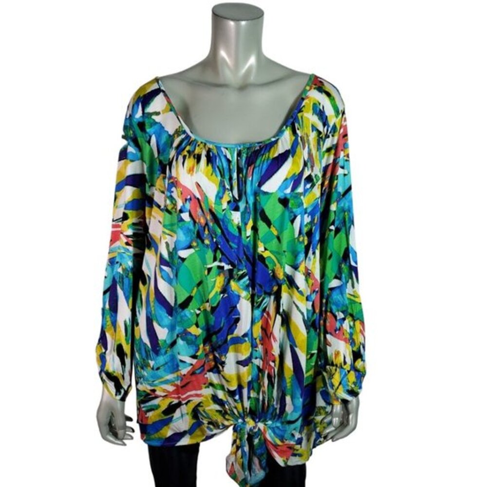 Cable & Gauge Top Plus Size 2X Tie Front Tab Sleeve Keyhole Stretch Casual Multi
